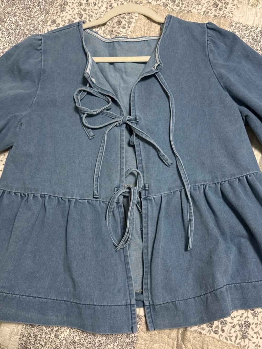 Denim Tie-Front Peplum Top - Light Blue